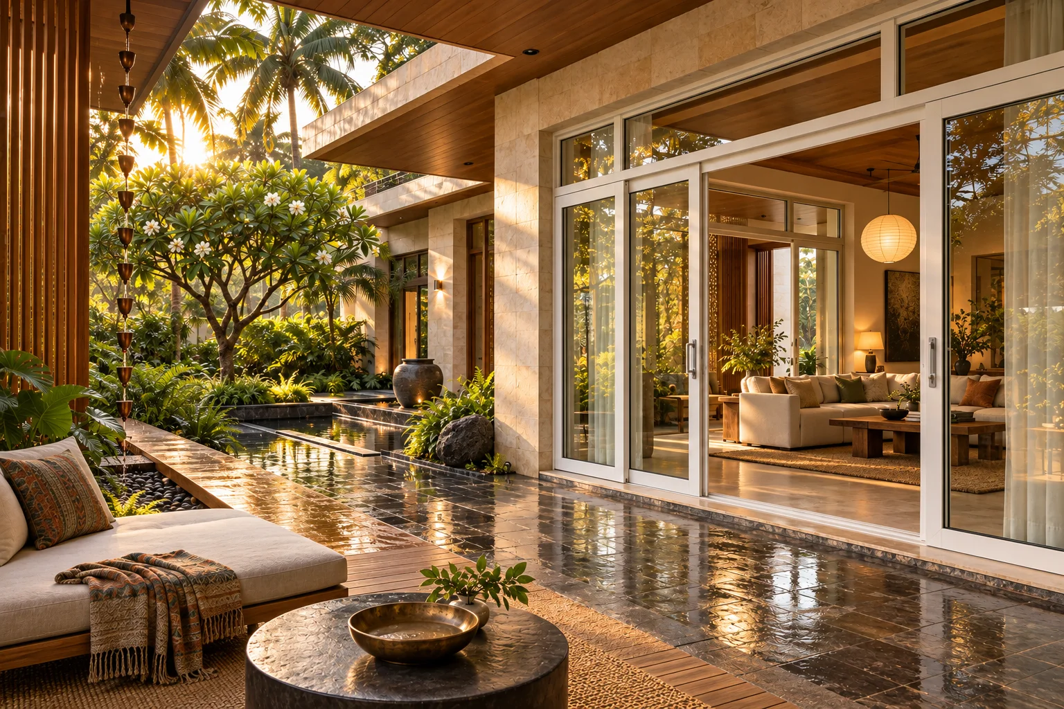 Architectural concept of an Indian tropical courtyard home with Japanese-inspired detailing and white uPVC doors