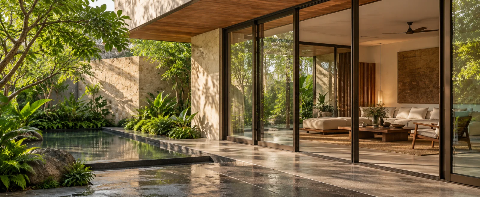 AUREON architectural aluminium sliding doors in a contemporary Indian courtyard home