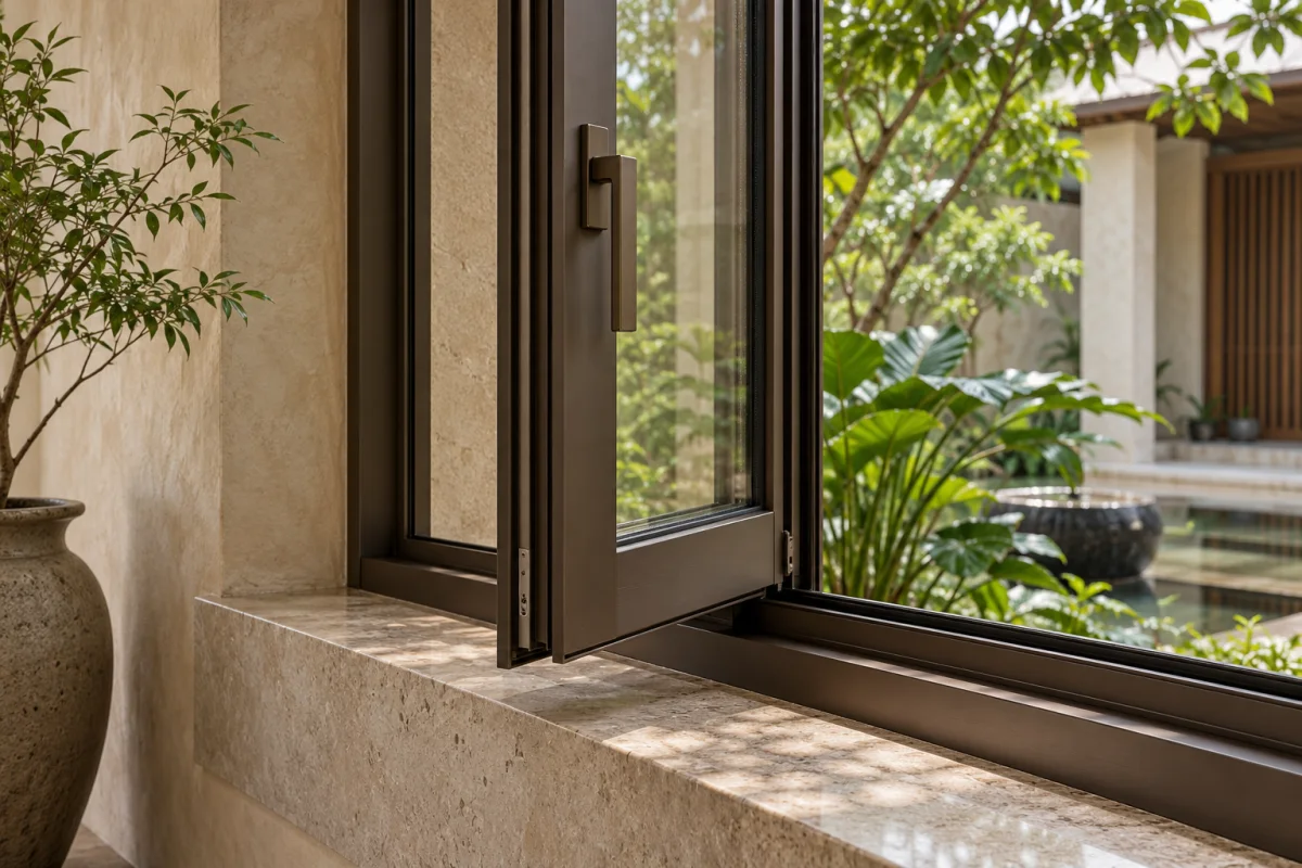 Dark bronze AUREON aluminium casement window detail in a contemporary Indian home