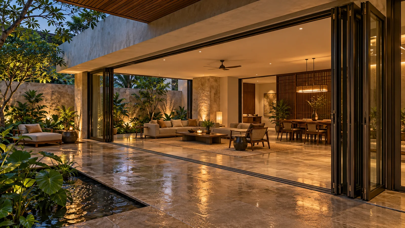 AUREON aluminium slide-and-fold doors opening an Indian villa to a tropical courtyard